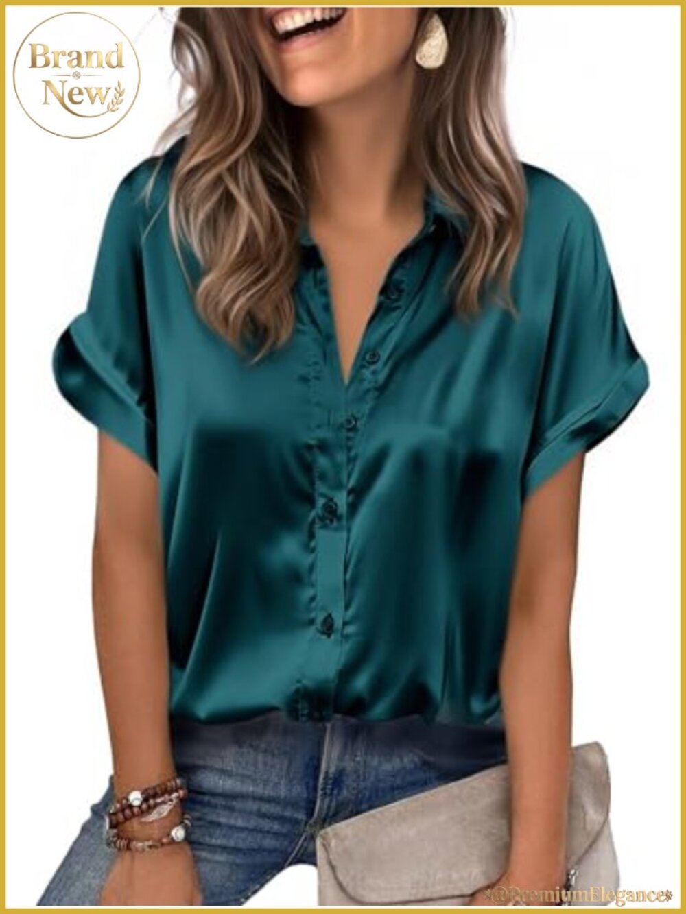 Satin Button Down Blouse for Women Short Sleeve V-Neck Silk Top Sheer Casual